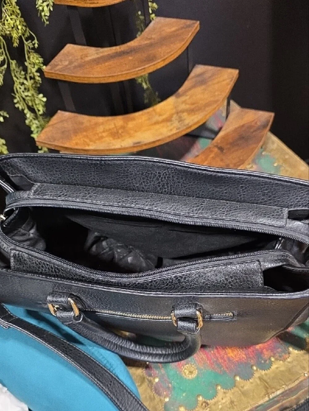 Black Geometric Panel Shoulder Bag with Pom Accent